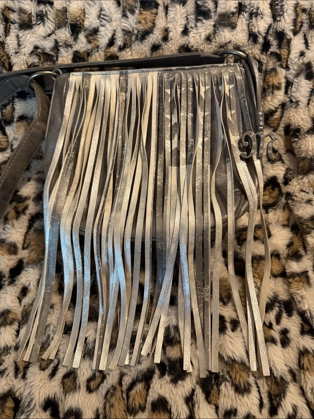 Miss Me Metallic Silver Fringe flag design Crossbody Bag